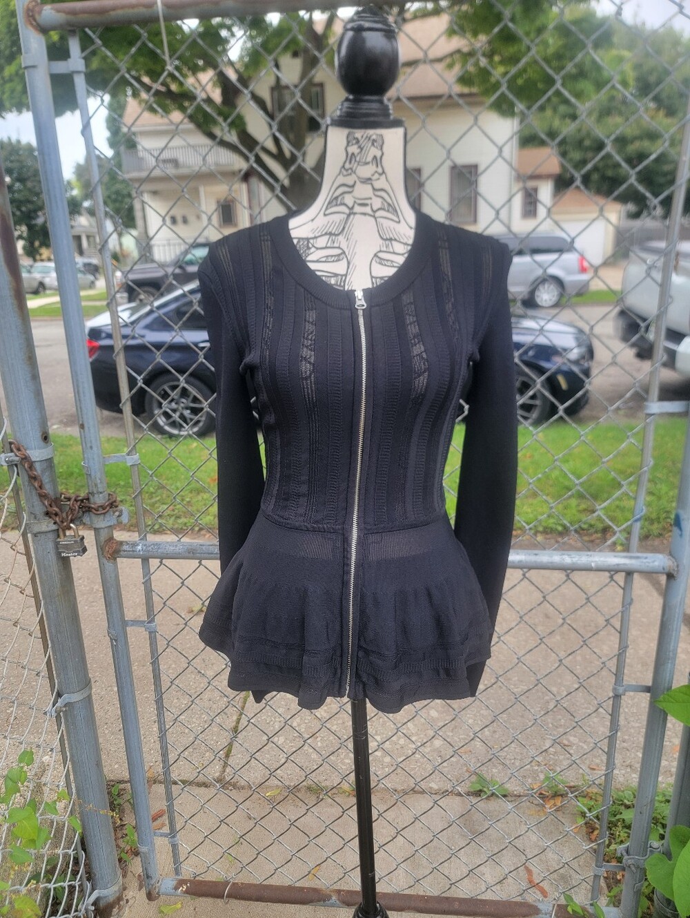 McQ Alexander McQueen Black Peplum Zip-Up Knit Cardigan Sweater S